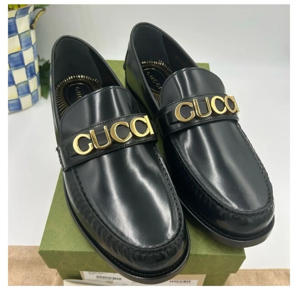 Gucci, gold logo, embellished, leather loafers size 13 made in Italy